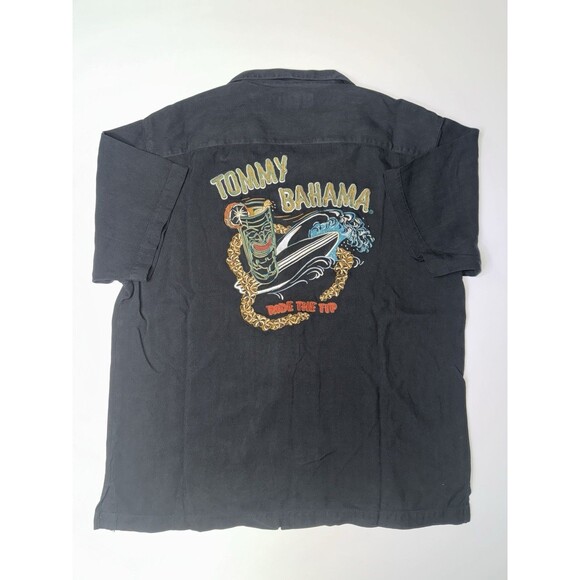 Tommy Bahama Shirt Mens Medium Black Silk Bamboo Button Tiki Surf Graphic Coast - Picture 1 of 6